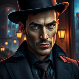 A close-up portrait of a sophisticated mage dressed in a tailored suit and a stylish top hat, exuding an air of mystery and elegance
