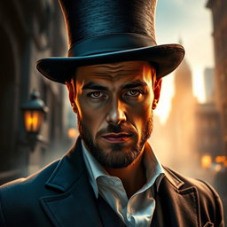 A close-up portrait of a sophisticated mage dressed in a tailored suit and a stylish top hat, exuding an air of mystery and elegance