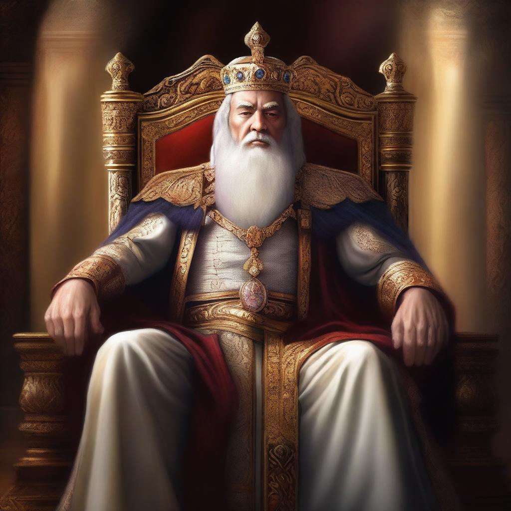 A high-quality digital painting of a wise and brave male king, seated heroically on his throne