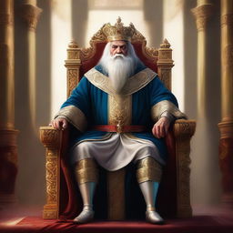 A high-quality digital painting of a wise and brave male king, seated heroically on his throne