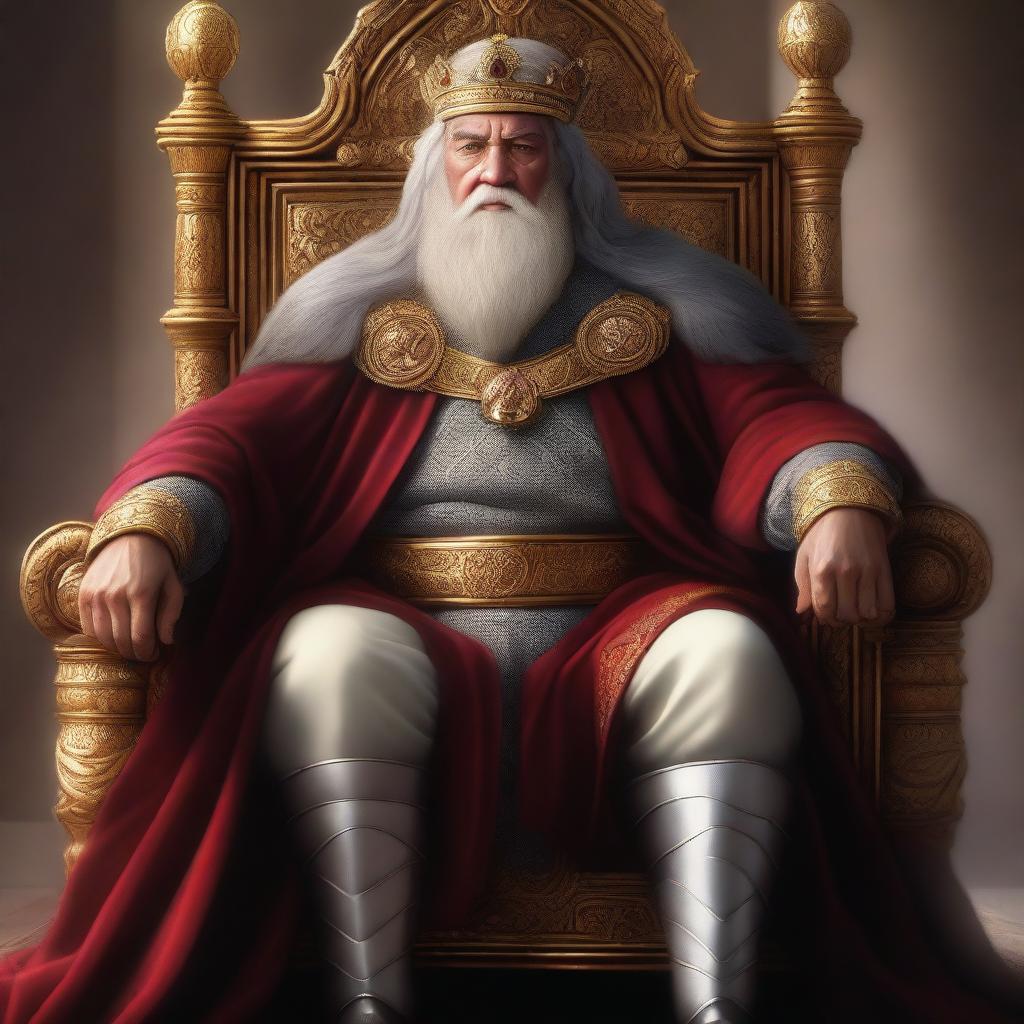 A high-quality digital painting of a wise and brave male king, seated heroically on his throne