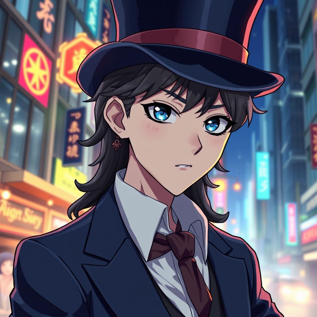 A close-up of a stylish anime mage clad in a refined suit and a chic top hat, embodying an air of mystery and sophistication