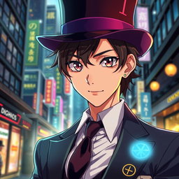 A close-up of a stylish anime mage clad in a refined suit and a chic top hat, embodying an air of mystery and sophistication