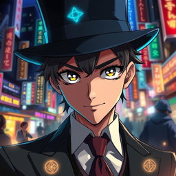 A close-up of a stylish anime mage clad in a refined suit and a chic top hat, embodying an air of mystery and sophistication
