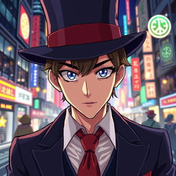 A close-up of a stylish anime mage clad in a refined suit and a chic top hat, embodying an air of mystery and sophistication