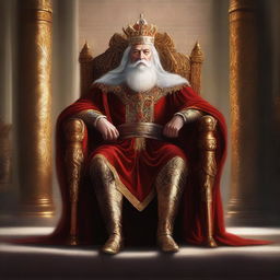 A high-quality digital painting of a wise and brave male king, seated heroically on his throne