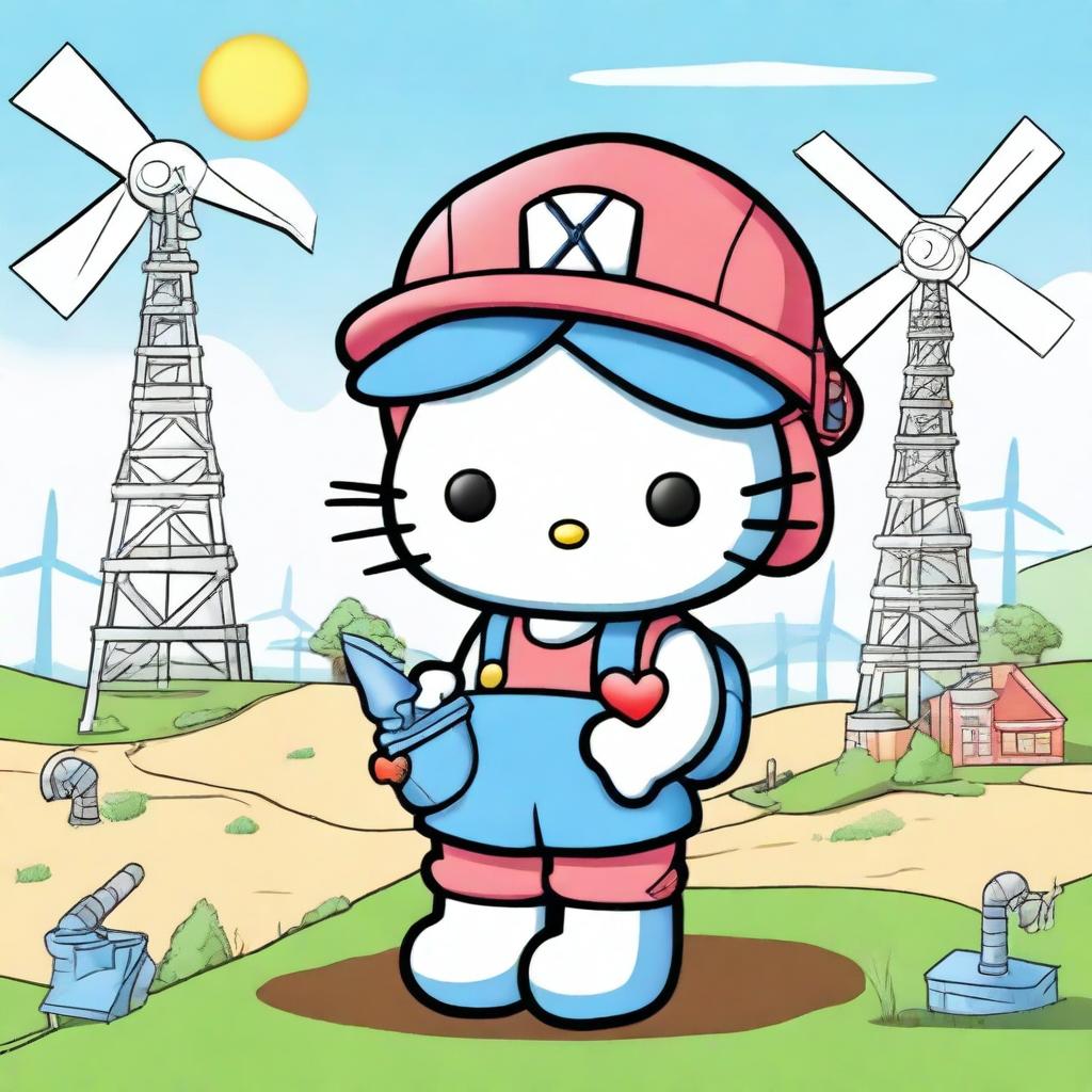 A high-quality digital art image of Hello Kitty as an environmental engineer