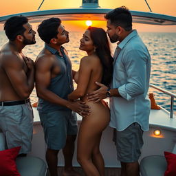 An intimate scene on a luxurious yacht featuring a cute Indian girl, completely naked and revealing her side boob
