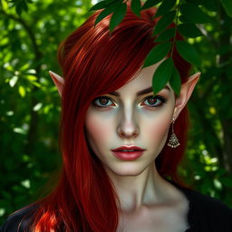 A captivating front view of a female vampire with striking red hair cascading down her shoulders, elegantly styled to frame her face