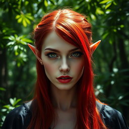 A captivating front view of a female vampire with striking red hair cascading down her shoulders, elegantly styled to frame her face