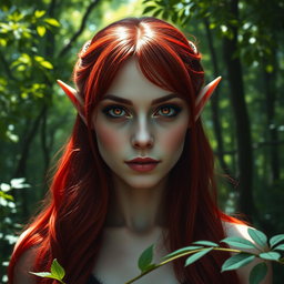 A captivating front view of a female vampire with striking red hair cascading down her shoulders, elegantly styled to frame her face