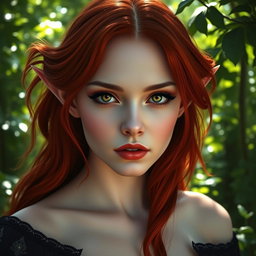 A captivating front view of a female vampire with striking red hair cascading down her shoulders, elegantly styled to frame her face