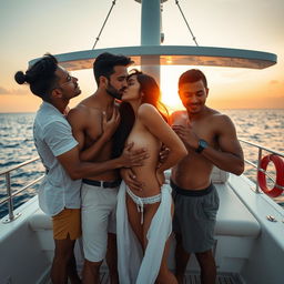 An intimate scene on a luxurious yacht featuring a cute Indian girl, completely naked and showcasing her side boob