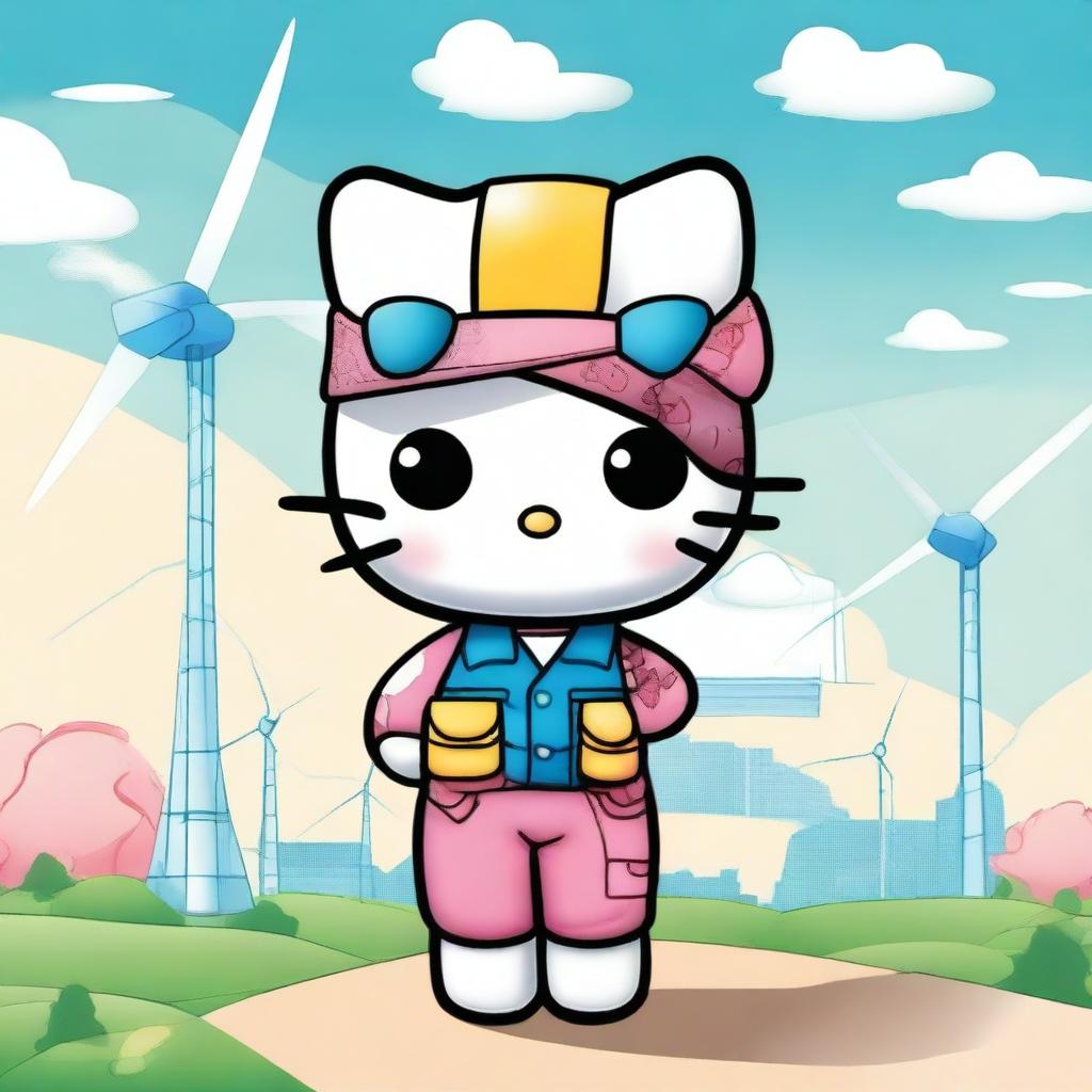 A digital art image of Hello Kitty portrayed as an environmental engineer, wearing a hard hat and a jumpsuit, and holding blueprints of a wind turbine