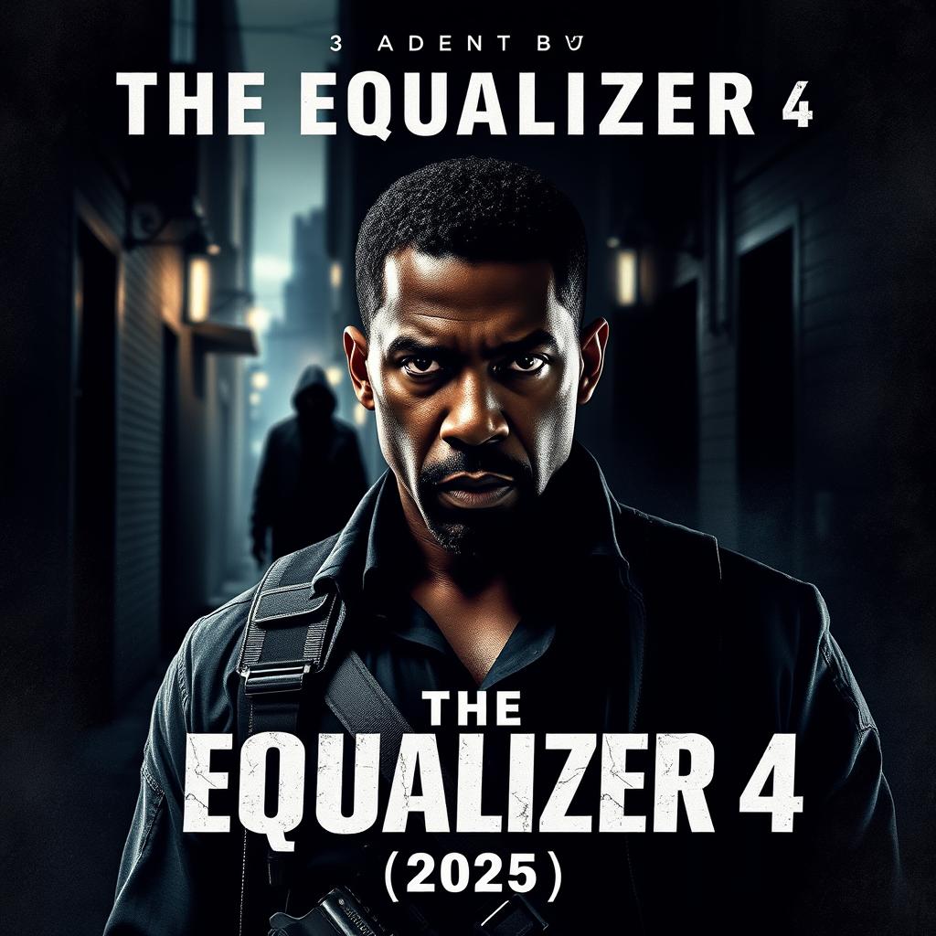 A powerful movie poster for 'The Equalizer 4 (2025),' featuring Denzel Washington in his iconic role as Robert McCall