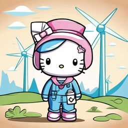 A digital art image of Hello Kitty portrayed as an environmental engineer, wearing a hard hat and a jumpsuit, and holding blueprints of a wind turbine