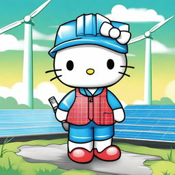 A digital art image of Hello Kitty portrayed as an environmental engineer, wearing a hard hat and a jumpsuit, and holding blueprints of a wind turbine