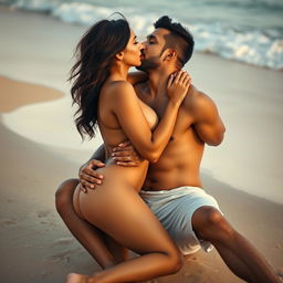 An intimate scene on a beautiful beach featuring a woman resembling Shraddha Kapoor, completely naked and displaying her side boob, sitting on the lap of an Indian man