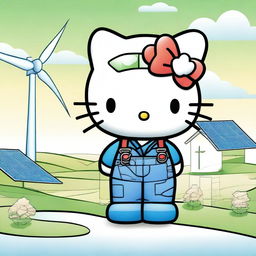 A digital art image of Hello Kitty portrayed as an environmental engineer, wearing a hard hat and a jumpsuit, and holding blueprints of a wind turbine