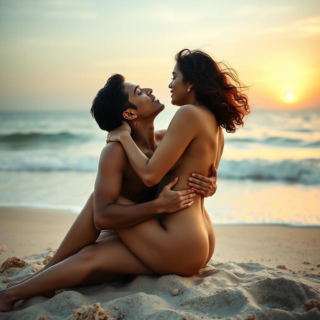 An intimate scene on a picturesque beach featuring a woman resembling Shraddha Kapoor, completely naked with a glimpse of her side boob, sitting on the lap of an Indian man