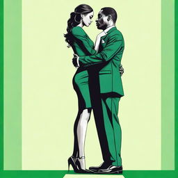 The image depicts a petite woman in an emerald dress hugging the leg of a much taller man in a suit