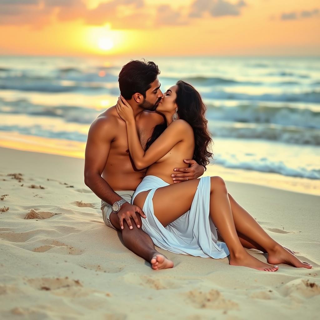 An intimate scene on a beautiful beach featuring a woman resembling Ruhi Singh, completely naked with a glimpse of her side boob, sitting on the lap of an Indian man