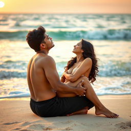 An intimate scene on a beautiful beach featuring a woman resembling Ruhi Singh, completely naked with a glimpse of her side boob, sitting on the lap of an Indian man