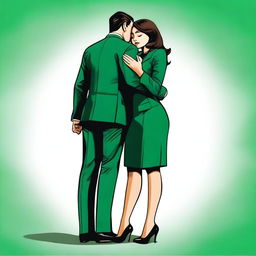 The image depicts a petite woman in an emerald dress hugging the leg of a much taller man in a suit