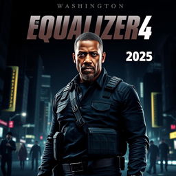 A striking movie poster for 'The Equalizer 4 (2025),' featuring Denzel Washington as Robert McCall