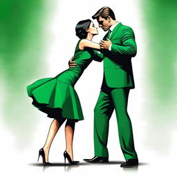 The image depicts a petite woman in an emerald dress hugging the leg of a much taller man in a suit