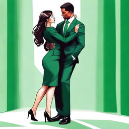 The image depicts a petite woman in an emerald dress hugging the leg of a much taller man in a suit