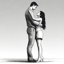 The image, a high-quality digital art piece, depicts a petite woman hugging the leg of a much taller man, with the extreme height difference being a key feature