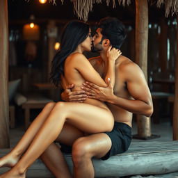 An intimate scene at a beach shack featuring a woman resembling Ruhi Singh, completely naked with a hint of her side boob, sitting with her legs wrapped around an Indian man