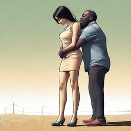 The image, a high-quality digital art piece, depicts a petite woman hugging the leg of a much taller man, with the extreme height difference being a key feature