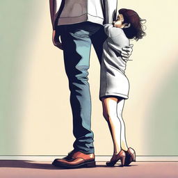 The image, a high-quality digital art piece, depicts a petite woman hugging the leg of a much taller man, with the extreme height difference being a key feature