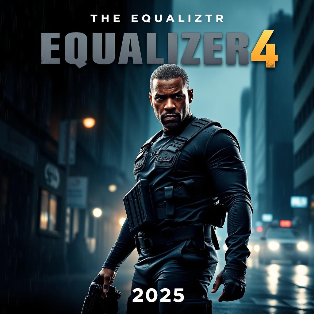 A gripping movie poster for 'The Equalizer 4 (2025),' showcasing Denzel Washington as Robert McCall