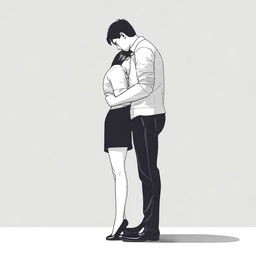 The image, a high-quality digital art piece, depicts a petite woman hugging the leg of a much taller man, with the extreme height difference being a key feature