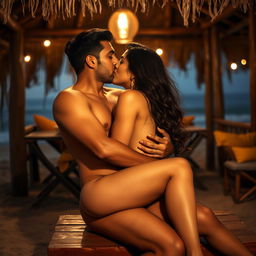 An intimate scene at a beach shack featuring a woman resembling Ruhi Singh, completely naked with a tasteful hint of her side boob