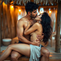 An intimate scene at a beach shack featuring a woman resembling Ruhi Singh, completely naked with a tasteful hint of her side boob