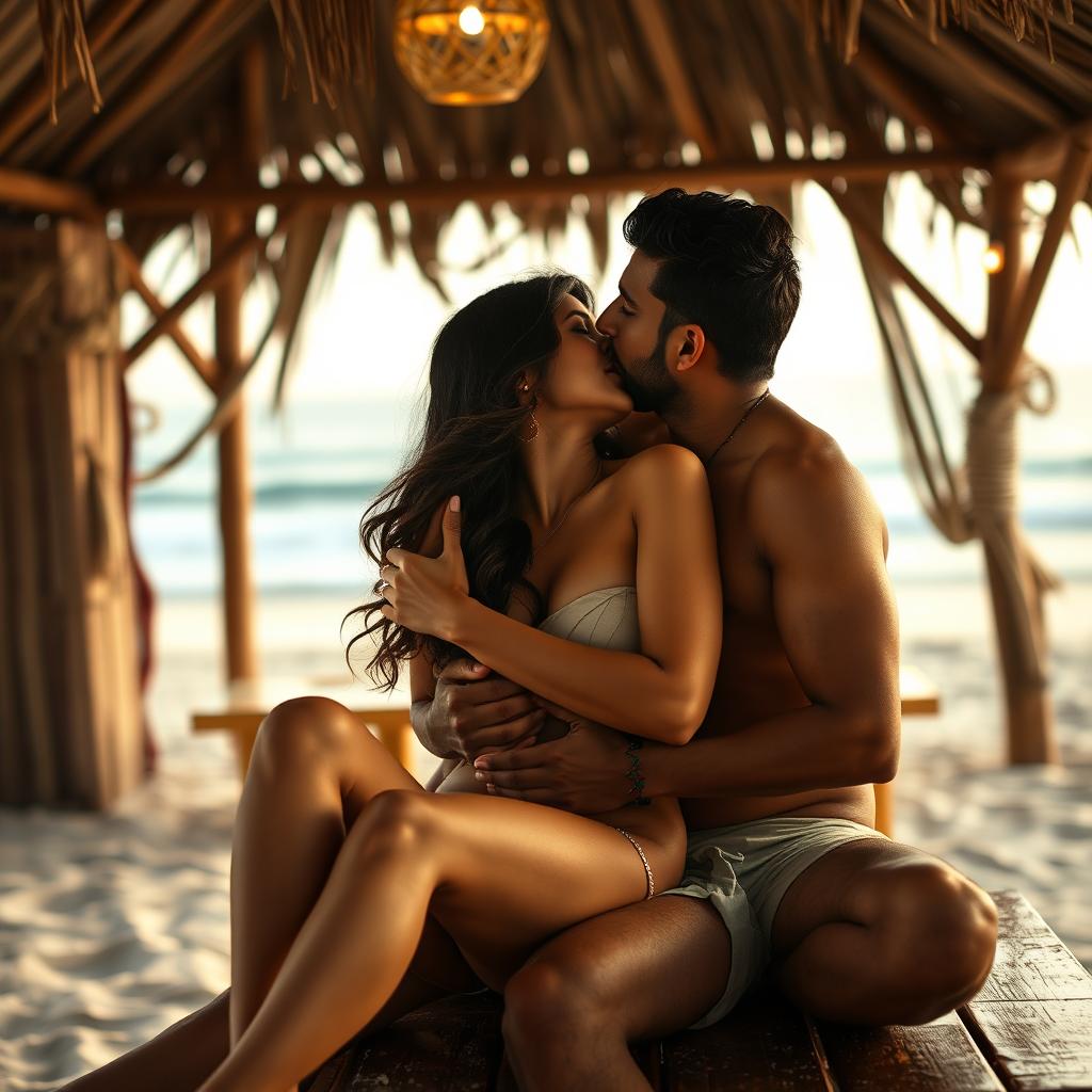 An intimate scene at a beach shack featuring a woman resembling Ruhi Singh, completely naked with a tasteful hint of her side boob