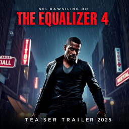 A visually striking teaser poster for 'The Equalizer 4 (2025),' featuring Denzel Washington as Robert McCall