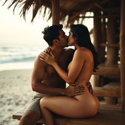 An intimate scene at a beach shack featuring a woman resembling Ruhi Singh, completely naked with a glimpse of her side boob