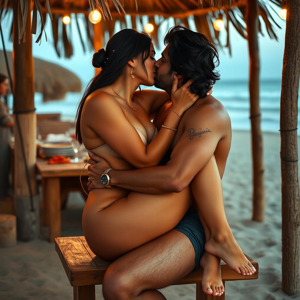 An intimate scene at a beach shack featuring a woman resembling Ruhi Singh, completely naked with a glimpse of her side boob