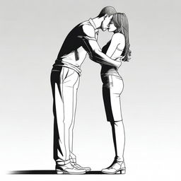 The high-quality digital art image illustrates a petite woman hugging the arm of a much taller man, with their extreme height difference being a prominent feature