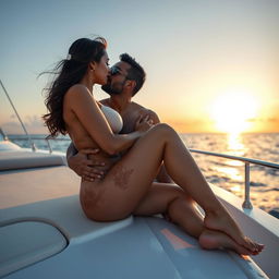 An intimate scene on a luxurious yacht featuring a woman resembling Shobhita Rana, completely naked with a glimpse of her side boob