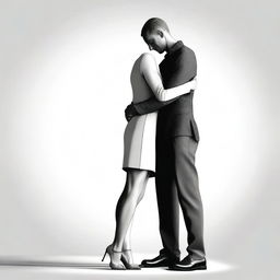 The high-quality digital art image illustrates a petite woman hugging the arm of a much taller man, with their extreme height difference being a prominent feature