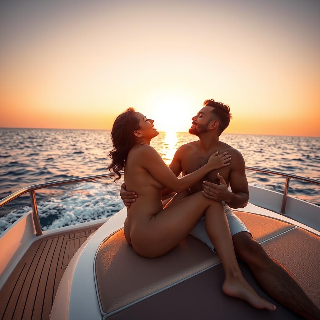 An intimate scene on a luxurious yacht featuring a woman resembling Shobhita Rana, completely naked with a glimpse of her side boob