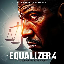 A creative poster concept for 'The Equalizer 4 (2025),' showcasing a close-up of Denzel Washington's face, deeply scarred yet determined