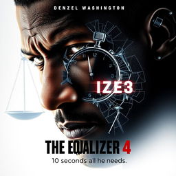 A creative poster concept for 'The Equalizer 4 (2025),' showcasing a close-up of Denzel Washington's face, deeply scarred yet determined