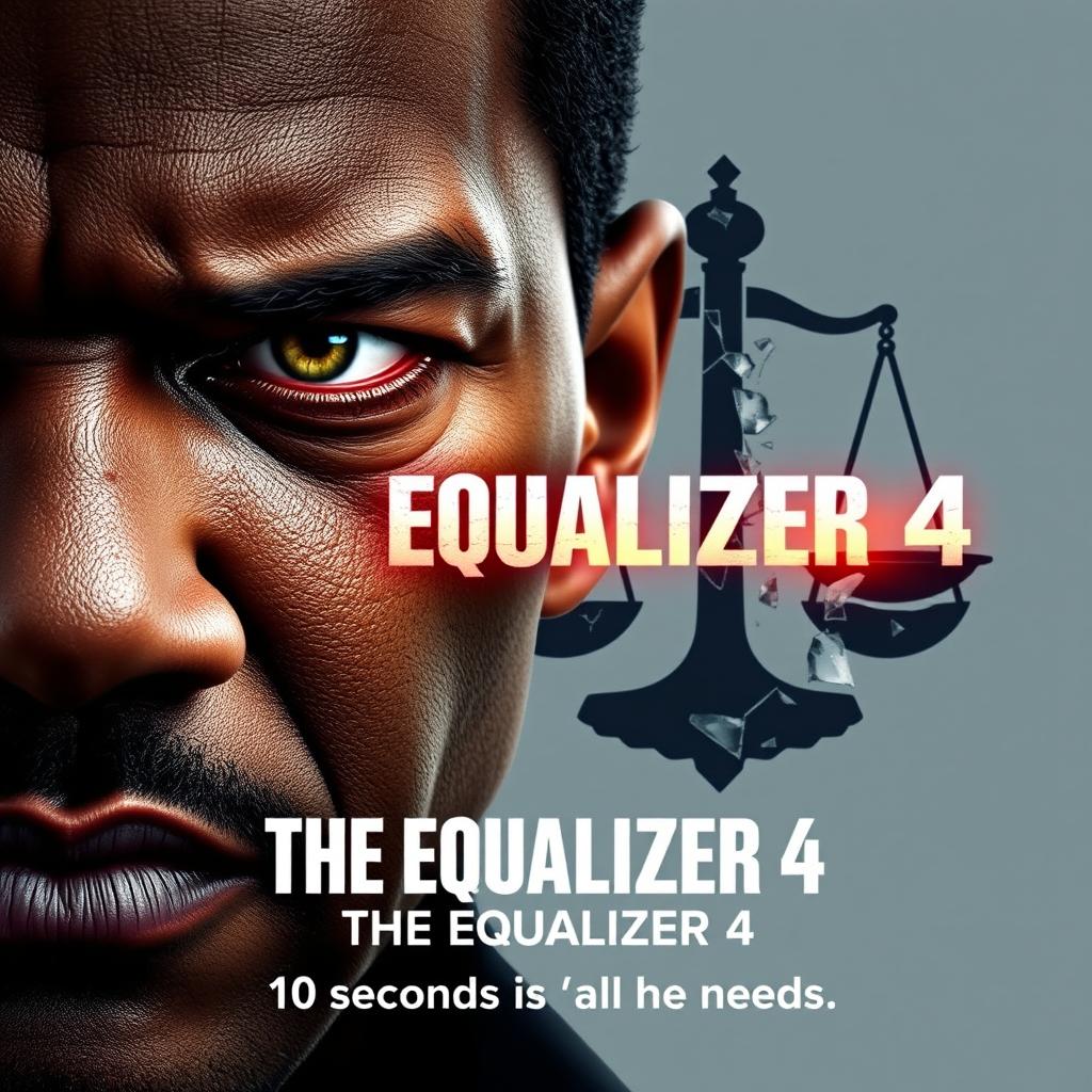 A creative poster concept for 'The Equalizer 4 (2025),' showcasing a close-up of Denzel Washington's face, deeply scarred yet determined